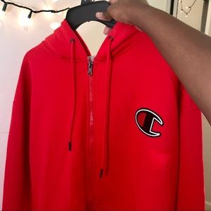 red champion zip up hoodie